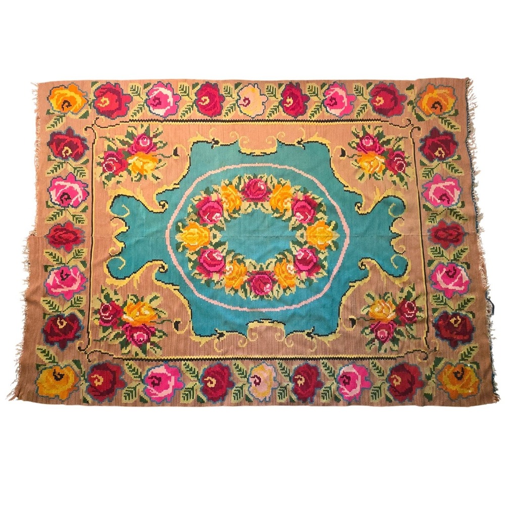 Vintage Handwoven Kilim Rug Floral Medallion Turquoise Tan Boho Flatweave Fringe